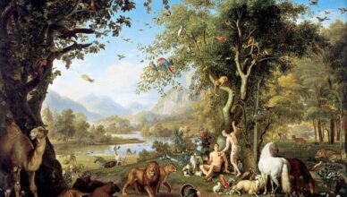 A lush, fantastical pastoral scene with people and many animals in a sunlit garden, birds flying overhead and a distant river landscape.