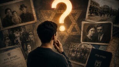 Man seen from behind, hand to chin, facing a glowing question mark amid old family photos and documents on a wall