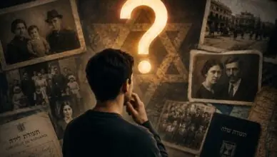 Man seen from behind, hand to chin, facing a glowing question mark amid old family photos and documents on a wall