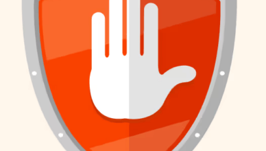 Red shield with a white raised hand symbolizing stop and protection.