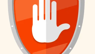 Red shield with a white raised hand symbolizing stop and protection.