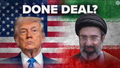 Split image with a suited man on the left and a bearded cleric on the right, over US and Iranian flags, and the text 'DONE DEAL?' at the top.