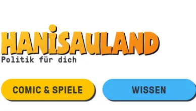 HANISAULAND branding with 'Politik für dich' slogan and two rounded call-to-action buttons: yellow 'COMIC & SPIELE' and blue 'WISSEN'.
