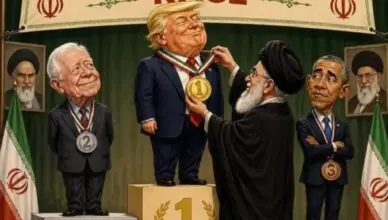 Caricatured politicians stand on a winner's podium labeled 1, 2, and 3; a cleric awards the gold medal to the first-place figure while the banner above reads 'Saving Islamic Regime Race' and Iranian flags frame the scene.