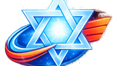 Stylized blue Star of David logo with a glowing center and orange and blue swooshes around it.