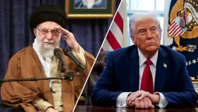 Left: elderly religious leader with a black turban and white beard in brown robes, saluting hand near his forehead; right: older man in a navy suit and red tie seated at a desk, clasping his hands, with official emblems in the background, divided by a diagonal line.