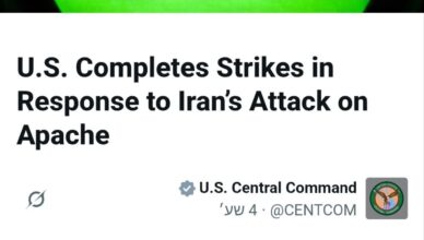 Night-vision image of a U.S. Apache helicopter in flight; headline reports U.S. strikes after Iran's attack on an Army Apache helicopter.
