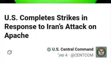 Night-vision image of a U.S. Apache helicopter in flight; headline reports U.S. strikes after Iran's attack on an Army Apache helicopter.