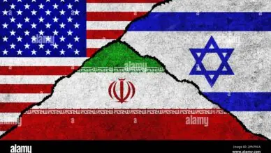 Flag collage with the United States on the left, Iran in the center, and Israel on the right, divided by a jagged black crack suggestive of conflict or division.