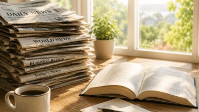 Stack of newspapers on a wooden desk beside an open book, with a coffee mug and notebook near a sunny window.