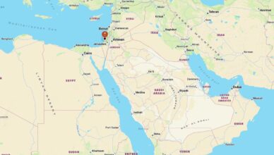 Map of the eastern Mediterranean with a marker on Beirut, Lebanon, and surrounding countries (Israel, Jordan, Syria, Egypt).