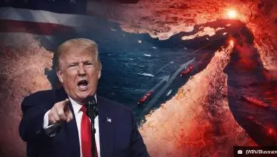 Former President Donald Trump speaking at a podium, pointing, with a dramatic war scene featuring ships and red explosions behind him.