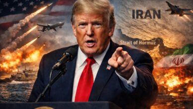 A man in a suit and red tie speaks at a podium, pointing toward the audience, with a dramatic backdrop of explosions, ships, and the word IRAN in the skyed map region behind him.